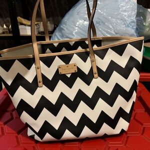 Kate Spade Black and White Chevron Tote with Leather Handles